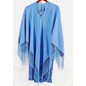 Suede Fringed Blue Western Pancho & Pleated Floral Skirt Set One Size Fits All